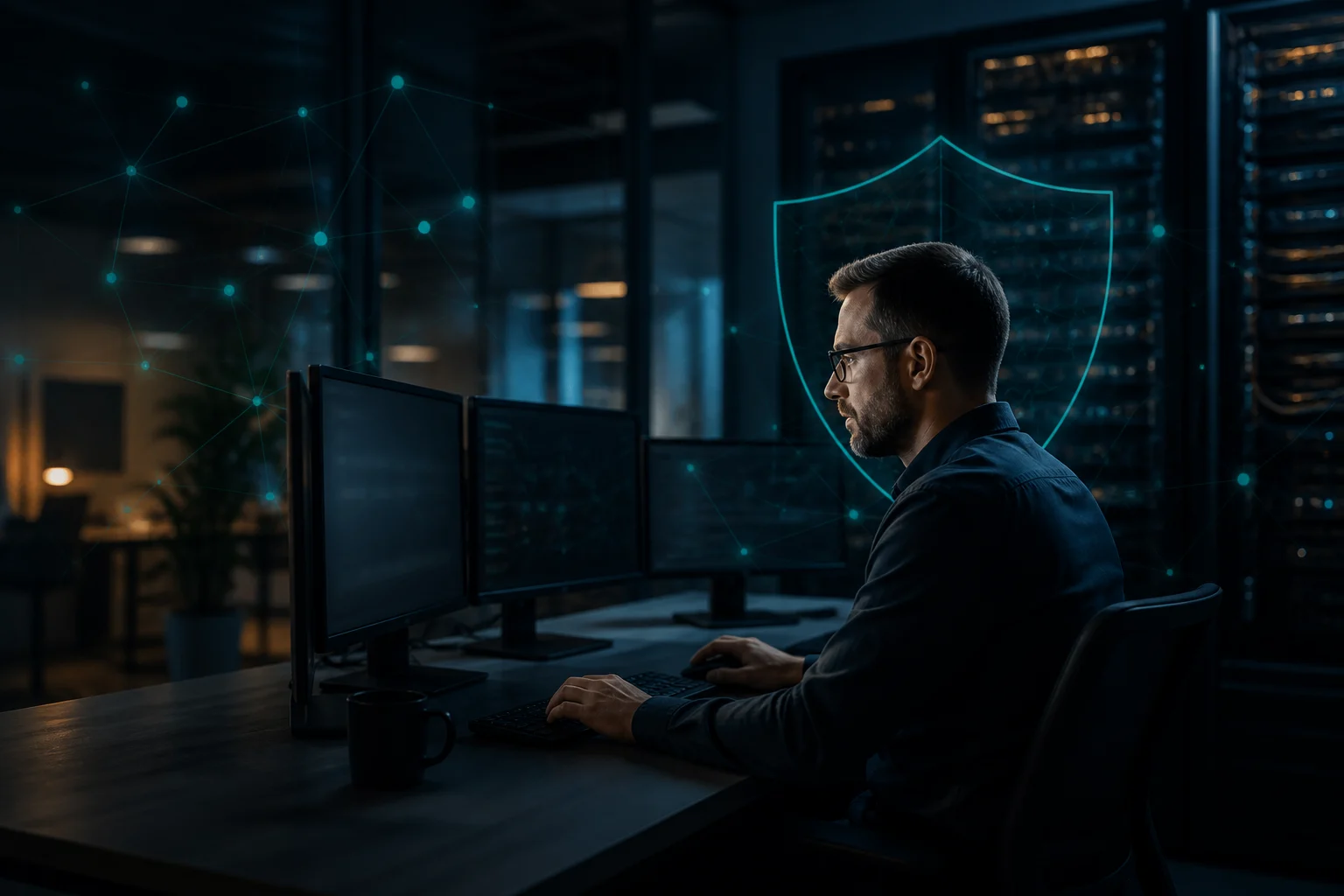 Specjalista cyberbezpieczeństwa monitorujący ochronę firmowych komputerów i serwerów