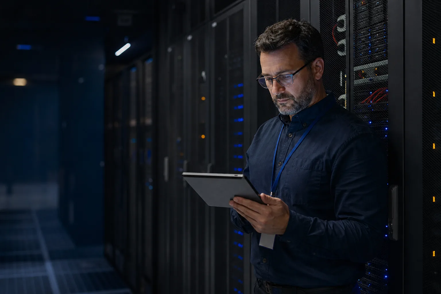 Administrator systemów kontrolujący serwery za pomocą tabletu