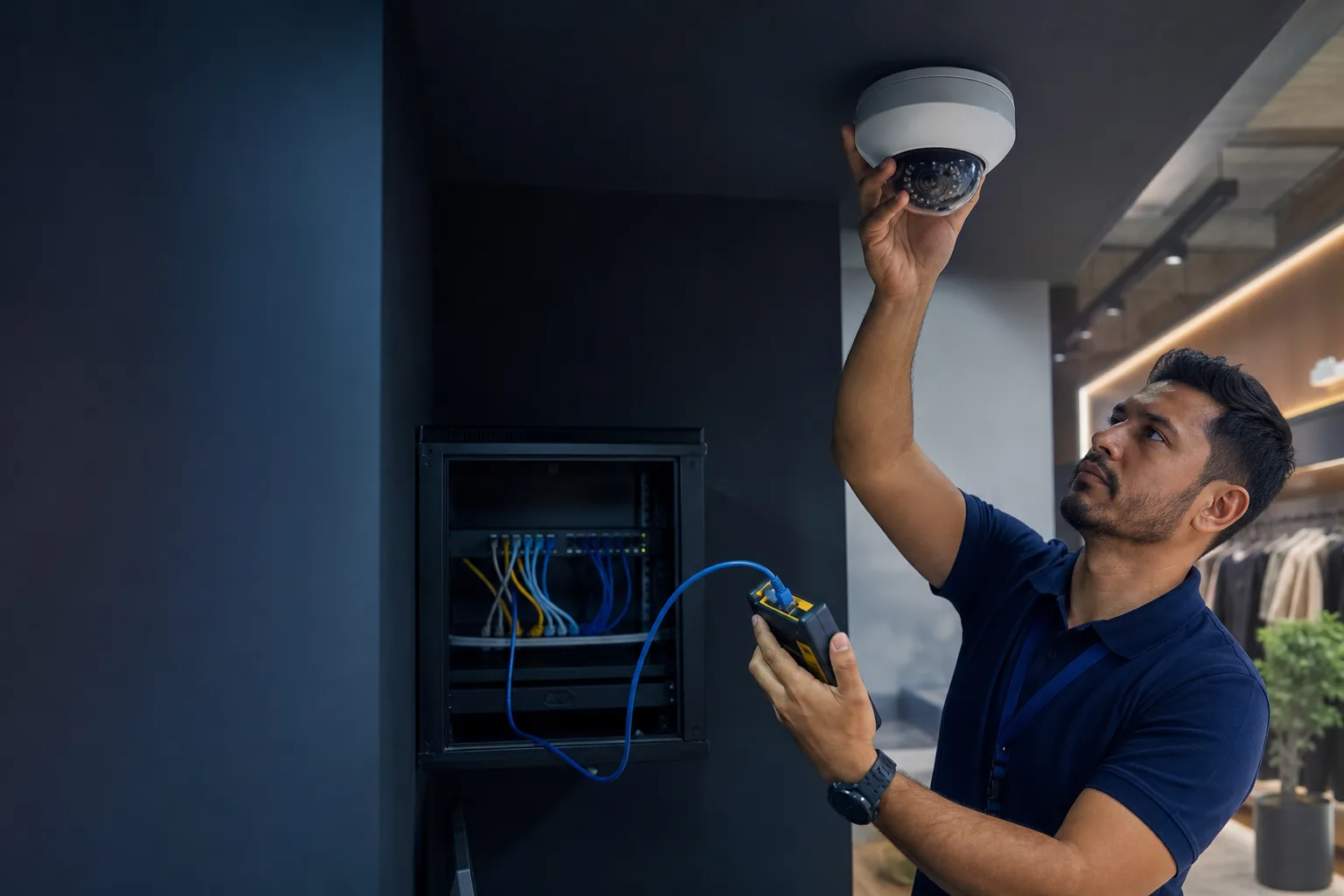 Technik instalujący kamerę monitoringu i sprawdzający połączenie sieciowe